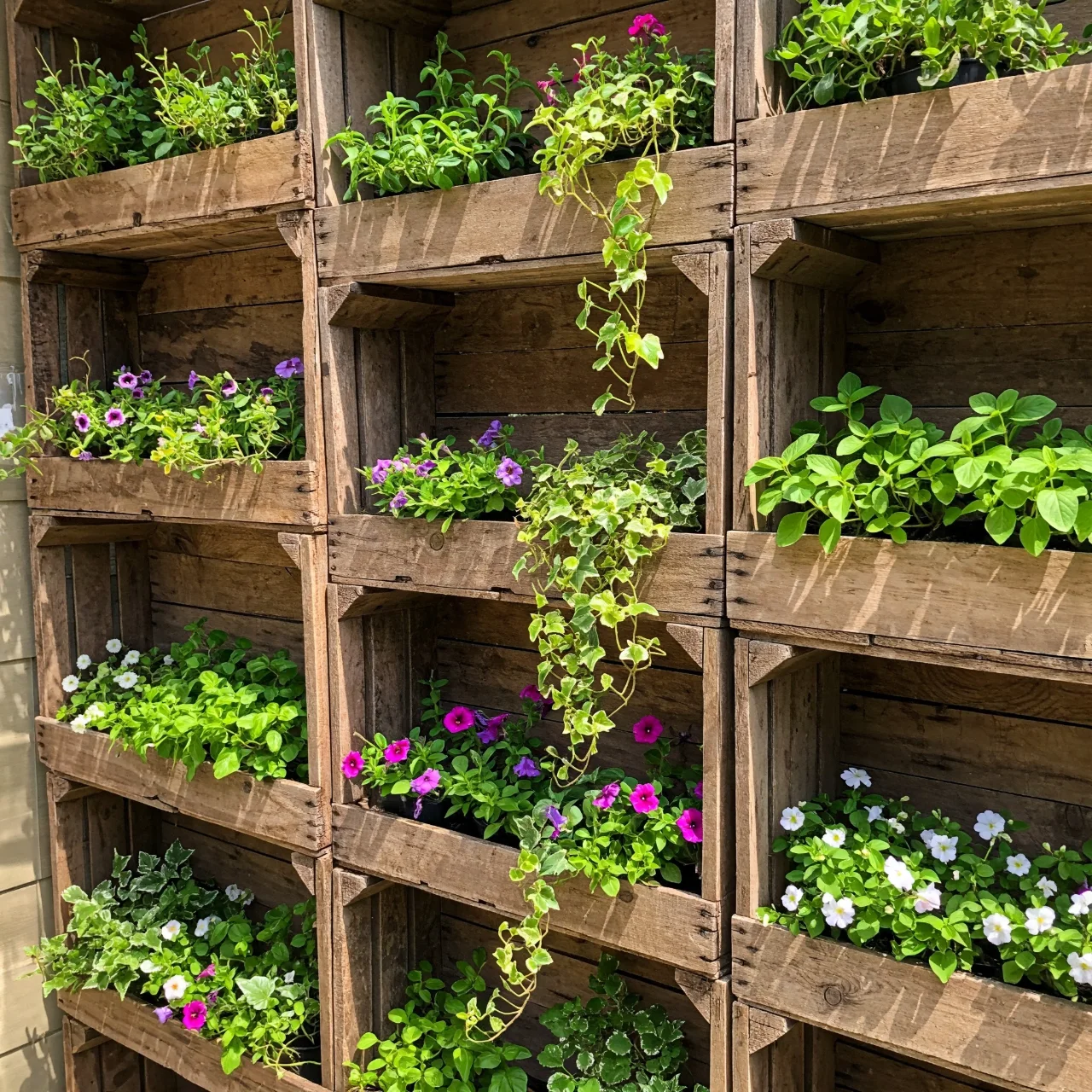 4. Wooden Crate Vertical Garden: Urban Oasis in Small Spaces