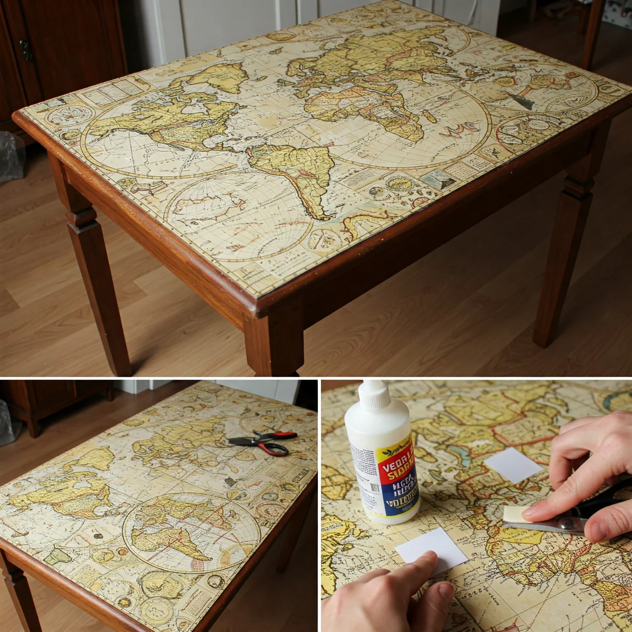 2. Decoupage Delight: Revamp Tables with Vintage Maps or Fabric
