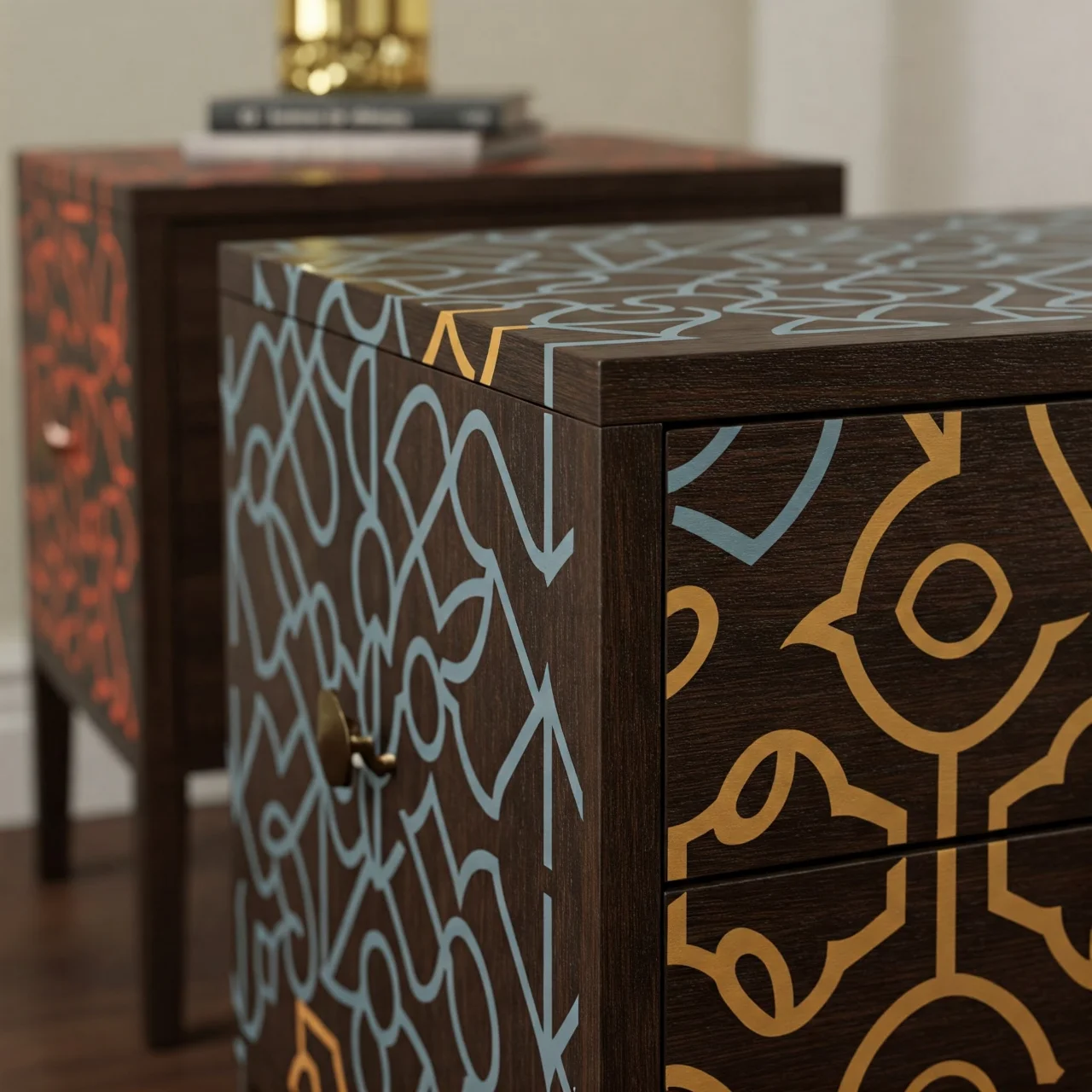 4. Geometric Glam: Stencil Bold Patterns on Nightstands