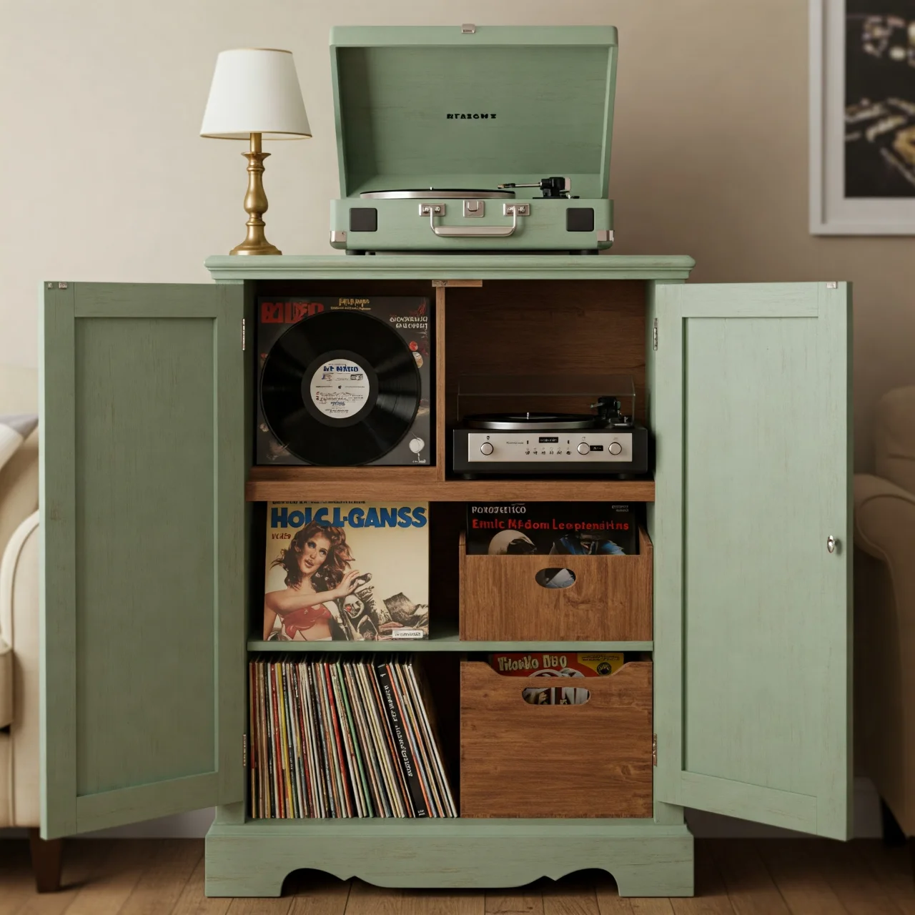 10. Record Player Console from Old Cabinet: Retro Entertainment Hub